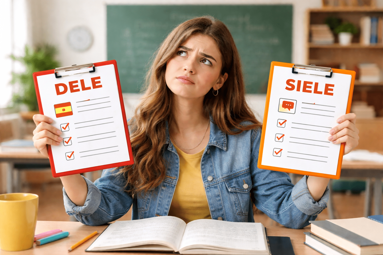 Estudiante dudando entre DELE y SIELE.